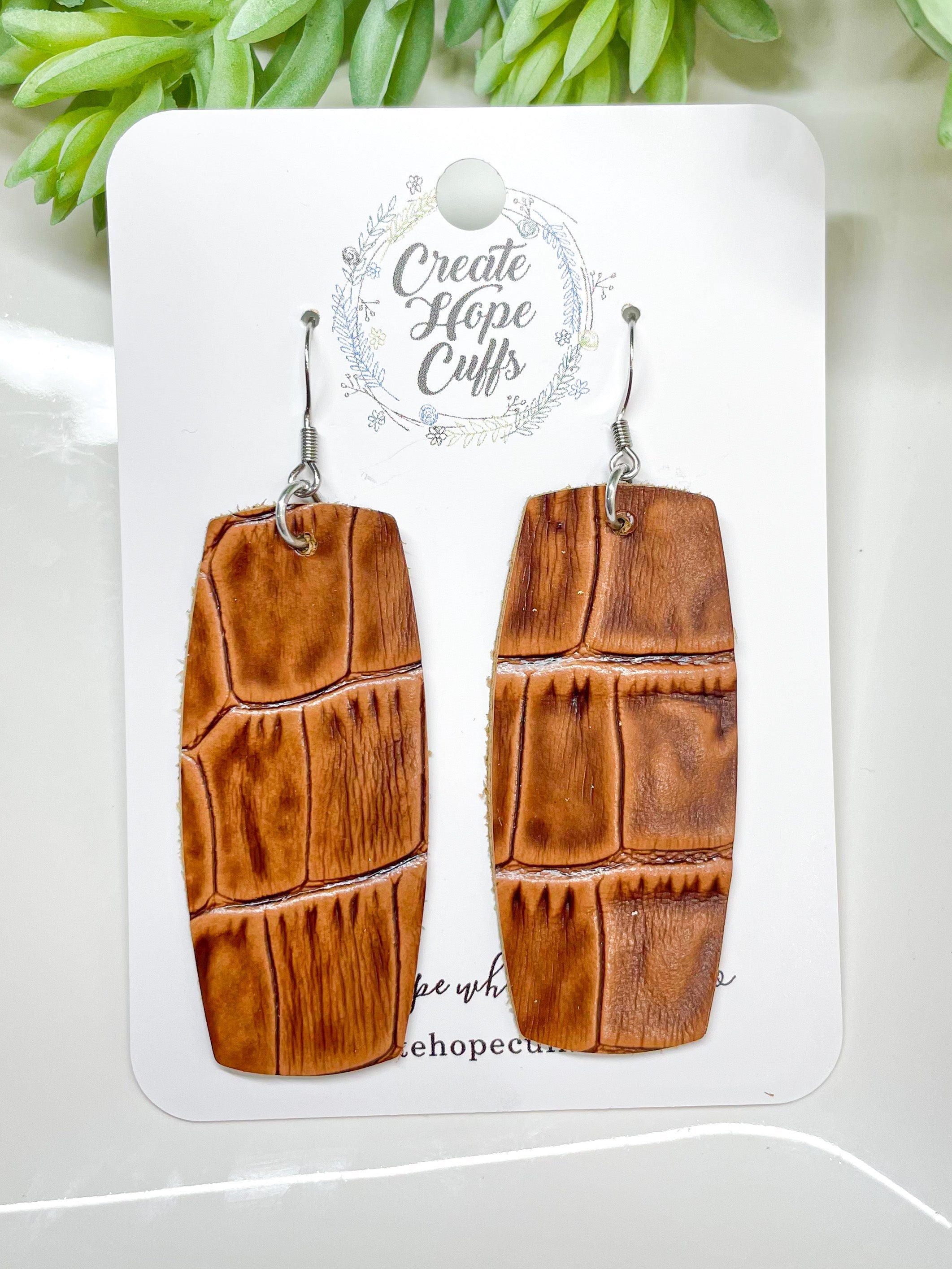 Classic Brown Crocodile Leather Bar Earrings Stacked