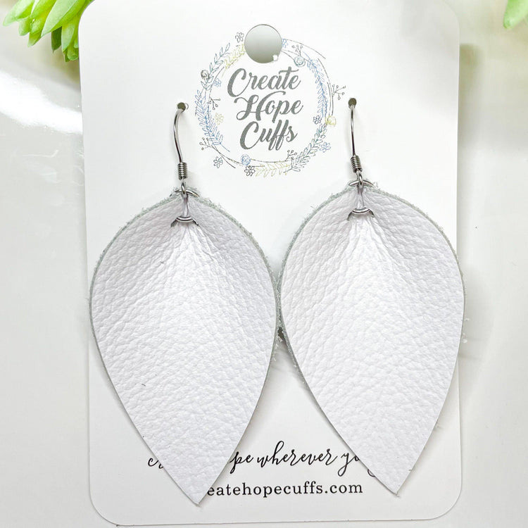Classic White Leather Petal Earrings | 2 sizes | Hypoallergenic | Women Leather Earrings Create Hope Cuffs 