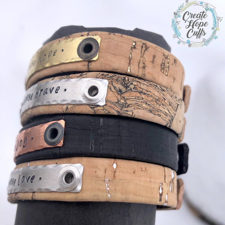 Cork CHOOSE Collection | 8 Phrases | Skinny Bracelet | Vegan Eco-Friendly | Women | Adjustable Skinny Bracelets Create Hope Cuffs 