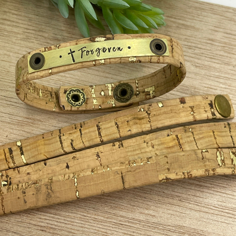Cork Skinny FORGIVEN Gold Fleck Bracelet | Eco Friendly | adjustable Skinny Bracelets Create Hope Cuffs 