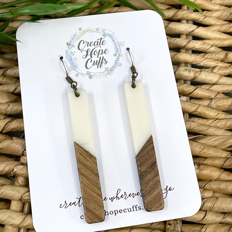Cream & Olive Rectangle Bar Wood Resin Earrings, hypoallergenic Wood Earrings Create Hope Cuffs Cream Bar 
