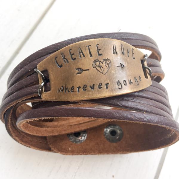 Create Hope Wherever You Go Plum Leather Wrap & Bronze Shield Bracelet, adjustable Leather Wrap Create Hope Cuffs 