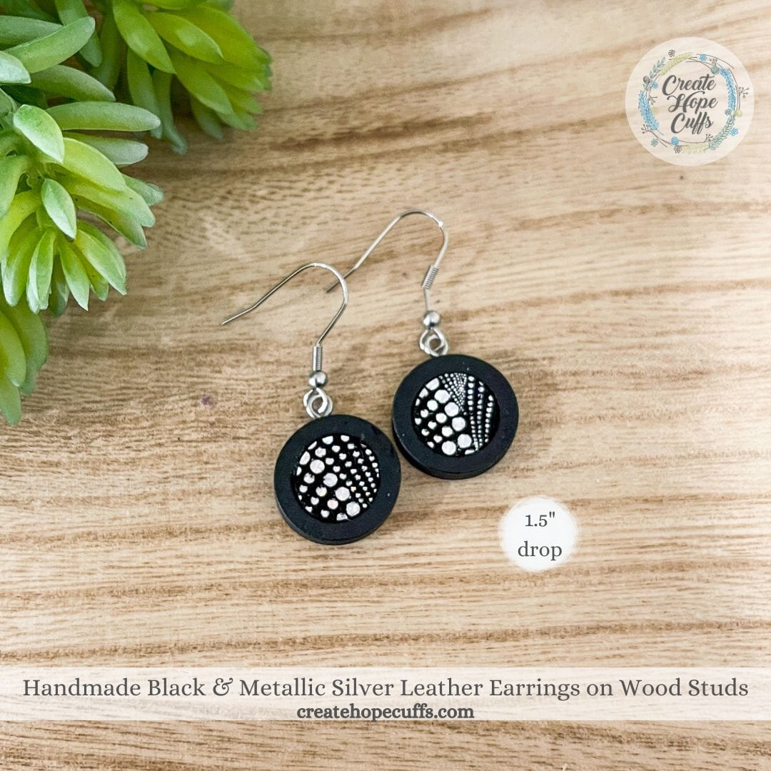 Dangle Black Wood Stud with Black and Silver Metallic Design Leather Earrings | Hypoallergenic Wood Earrings Create Hope Cuffs 