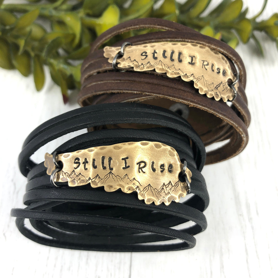 Dark Brown or Black 'STILL I RISE' Leather Double Wrap Bracelet, adjustable Leather Wrap Create Hope Cuffs 