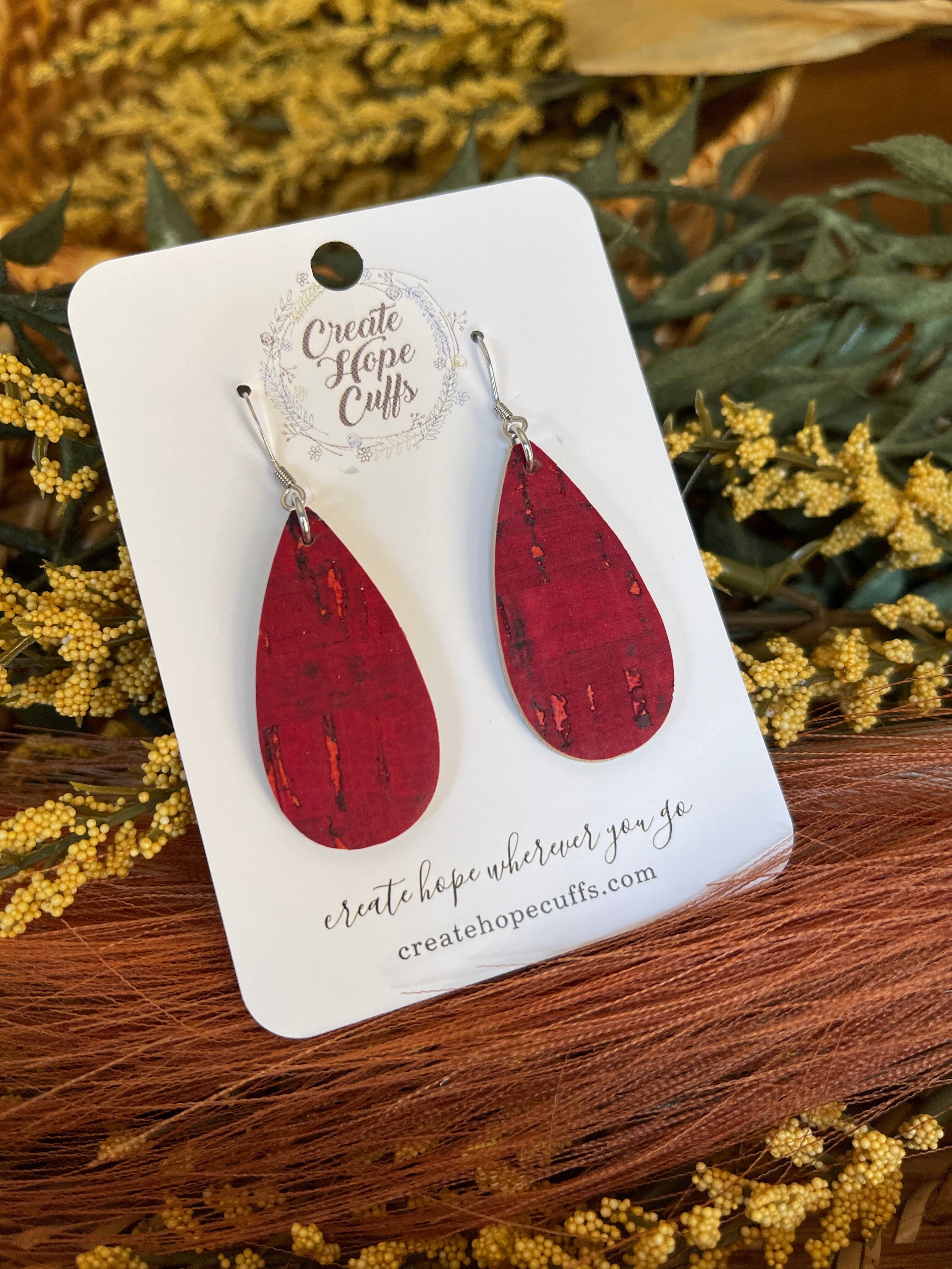 Dark Red | Thin Teardrop Leather Earrings | Hypoallergenic | Women Leather Earrings Create Hope Cuffs 