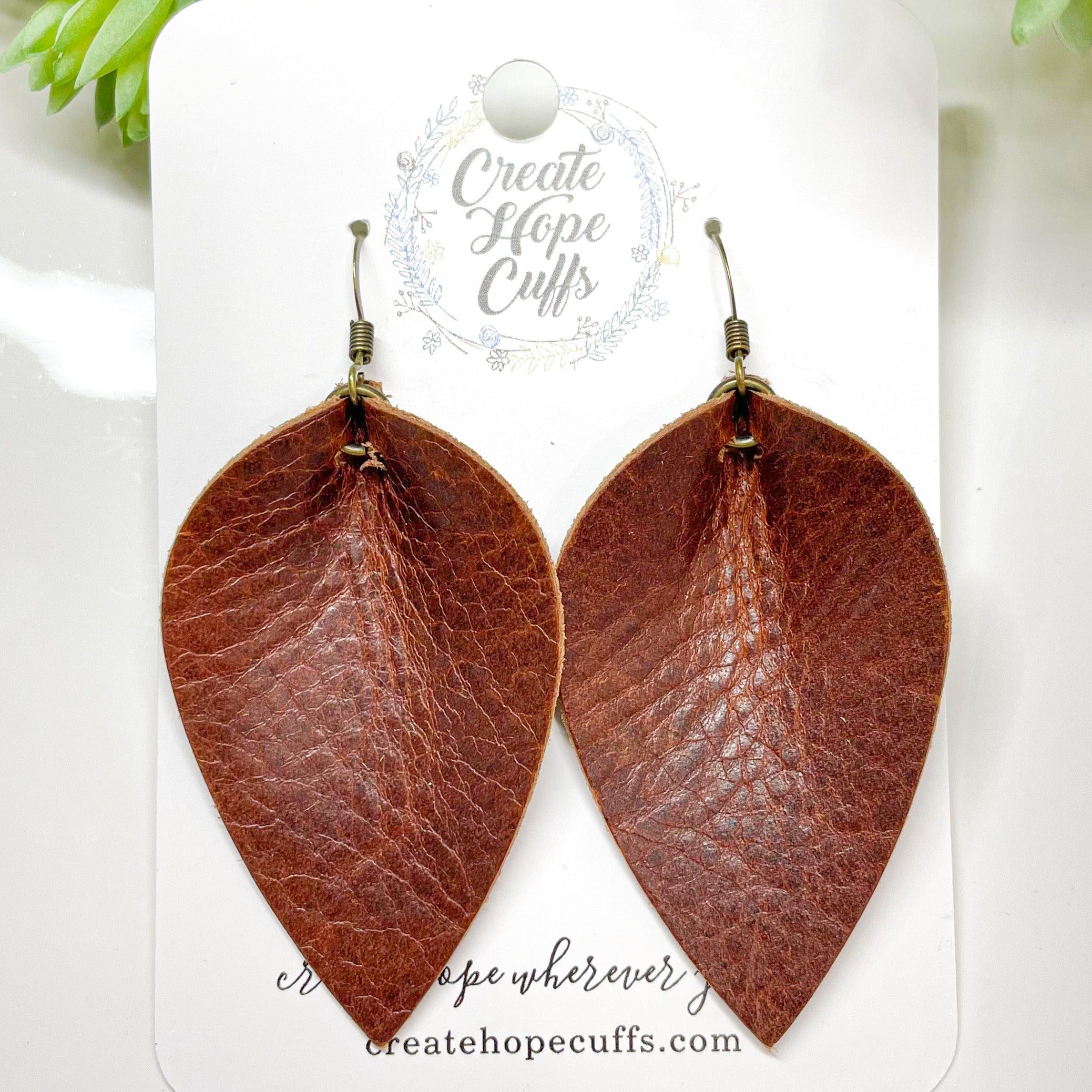 Derby Brown Leather Petal Earrings | 2 sizes | Women Leather Earrings Create Hope Cuffs 