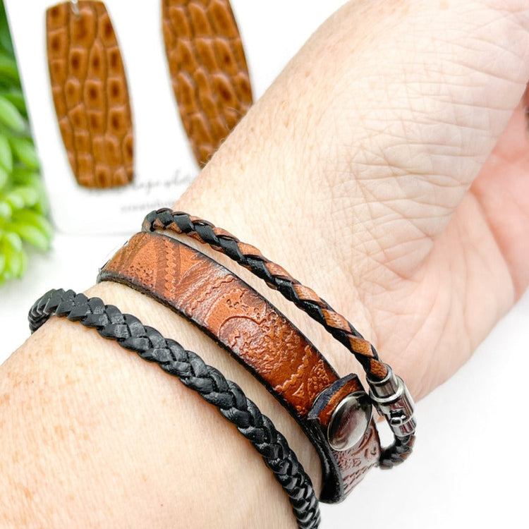 Embossed Brown LOVED Stack Set | Leather Bracelet Set | Womens Skinny Bracelets Create Hope Cuffs 