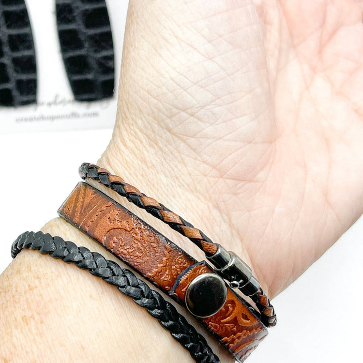 Embossed Brown LOVED Stack Set | Leather Bracelet Set | Womens Skinny Bracelets Create Hope Cuffs 