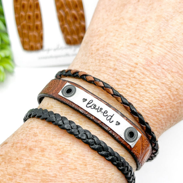 Embossed Brown LOVED Stack Set | Leather Bracelet Set | Womens Skinny Bracelets Create Hope Cuffs 