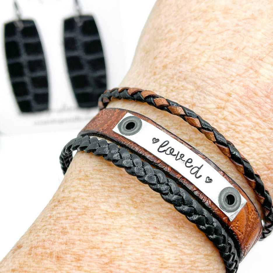 Embossed Brown LOVED Stack Set | Leather Bracelet Set | Womens Skinny Bracelets Create Hope Cuffs 