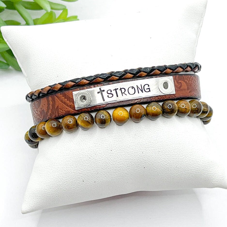 Embossed Brown STRONG Cross | Skinny Set | Leather Bracelets | Womens Skinny Bracelets Create Hope Cuffs 