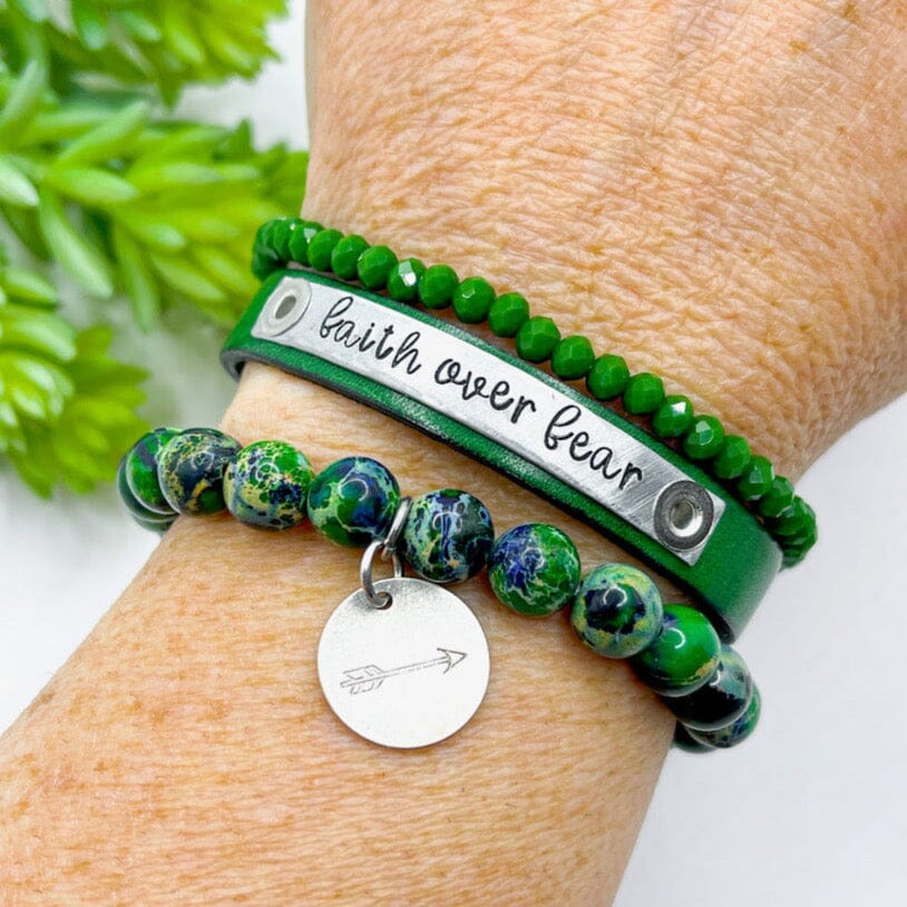 Faith over Fear Fresh Green Stack | Skinny Set | Leather Bracelets | Womens Skinny Bracelets Create Hope Cuffs 