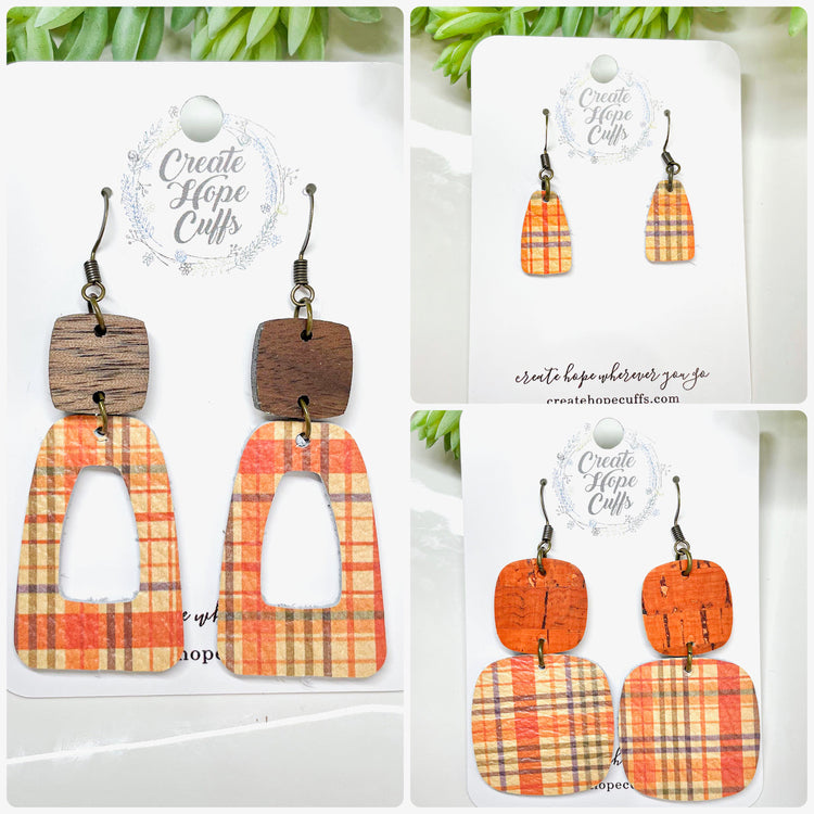 Fall Wooden STUD & Leather Earrings | 3 Designs | Hypoallergenic Wood Earrings Create Hope Cuffs 