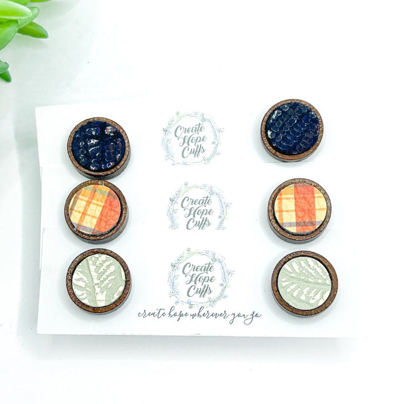 Fall Wooden STUD & Leather Earrings | 3 Designs | Hypoallergenic Wood Earrings Create Hope Cuffs 