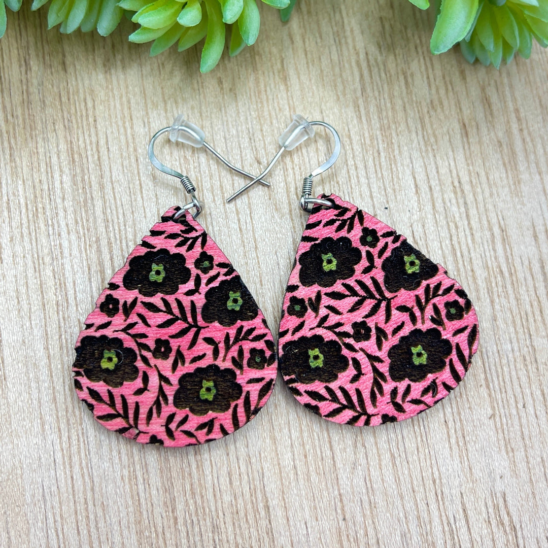 Flower Garden Wood Earrings | Birch Wood | Hypoallergenic | Women Wood Earrings Create Hope Cuffs Rose Pink with green buds 