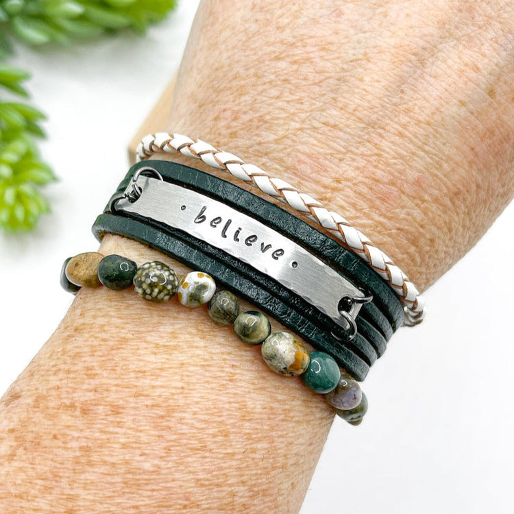 Forest Green BELIEVE Stack | Mini Wrap Set | Leather Bracelets | Womens Skinny Bracelets Create Hope Cuffs 