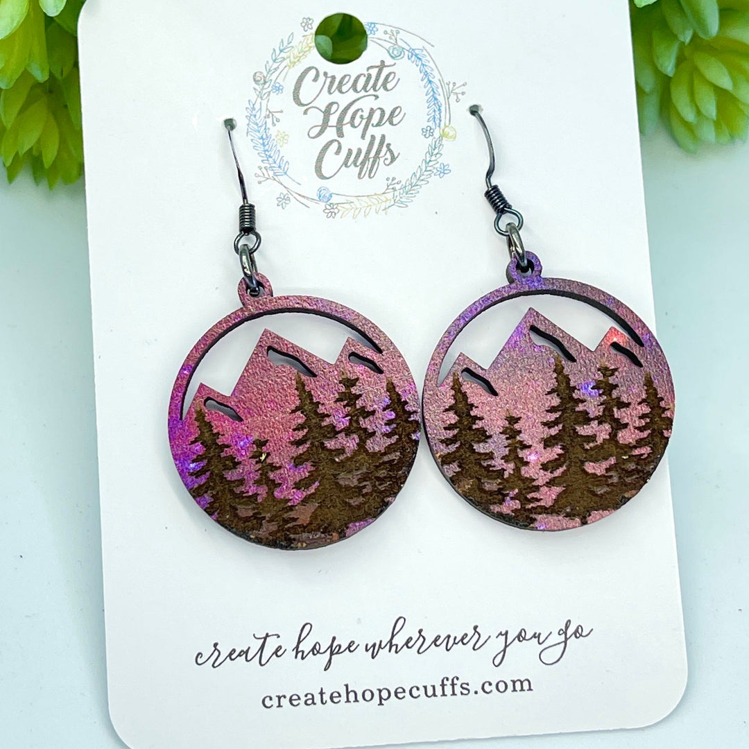 Forest Sunset Earrings | Birch Wood | Hypoallergenic | Women Wood Earrings Create Hope Cuffs Mid Pink Hues 