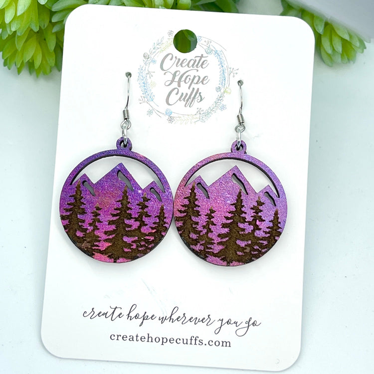 Forest Sunset Earrings | Birch Wood | Hypoallergenic | Women Wood Earrings Create Hope Cuffs Mid Purple Pink Hues 