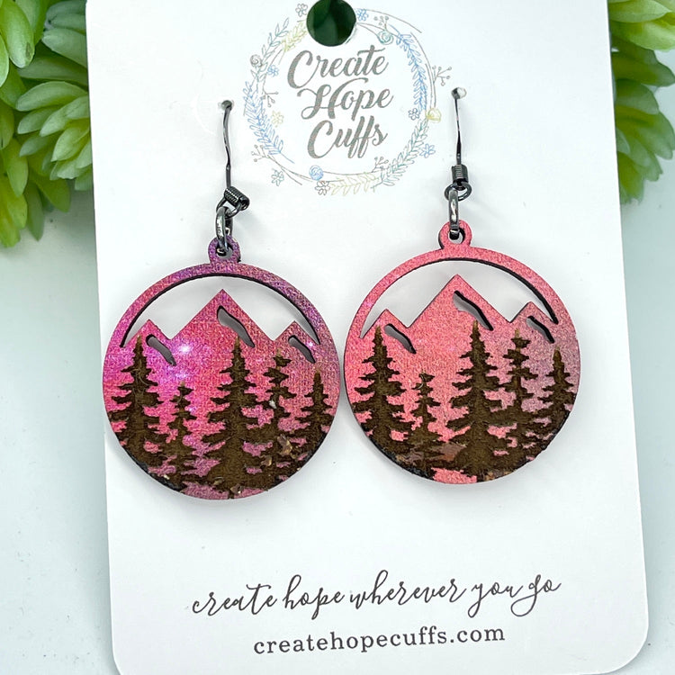Forest Sunset Earrings | Birch Wood | Hypoallergenic | Women Wood Earrings Create Hope Cuffs Orange Pink Hues 