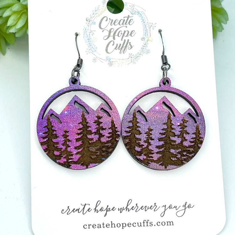 Forest Sunset Earrings | Birch Wood | Hypoallergenic | Women Wood Earrings Create Hope Cuffs Purple Pink Hues 