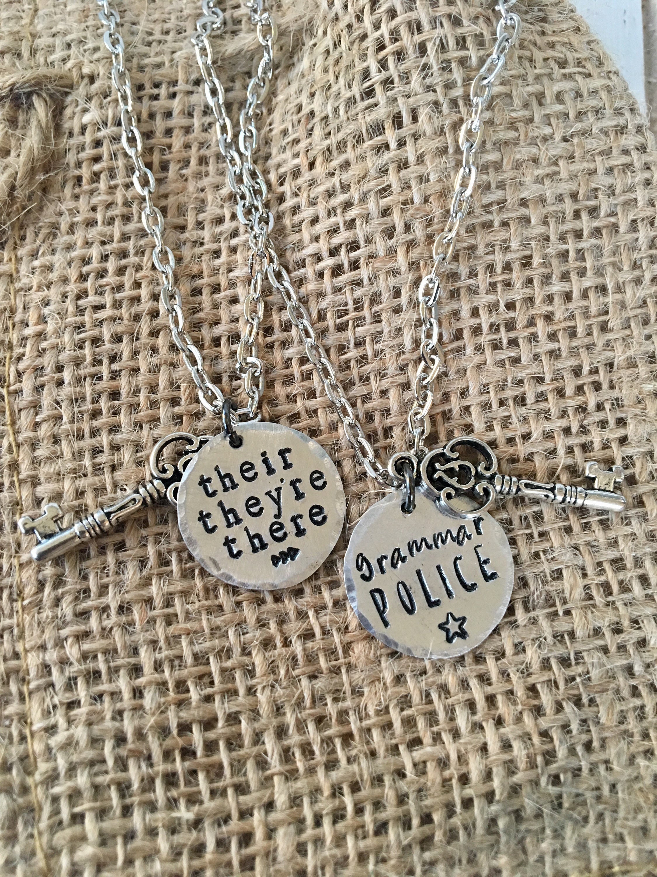 Gift for Teacher Grammar Police Their They re There Silver Necklace Create Hope Cuffs
