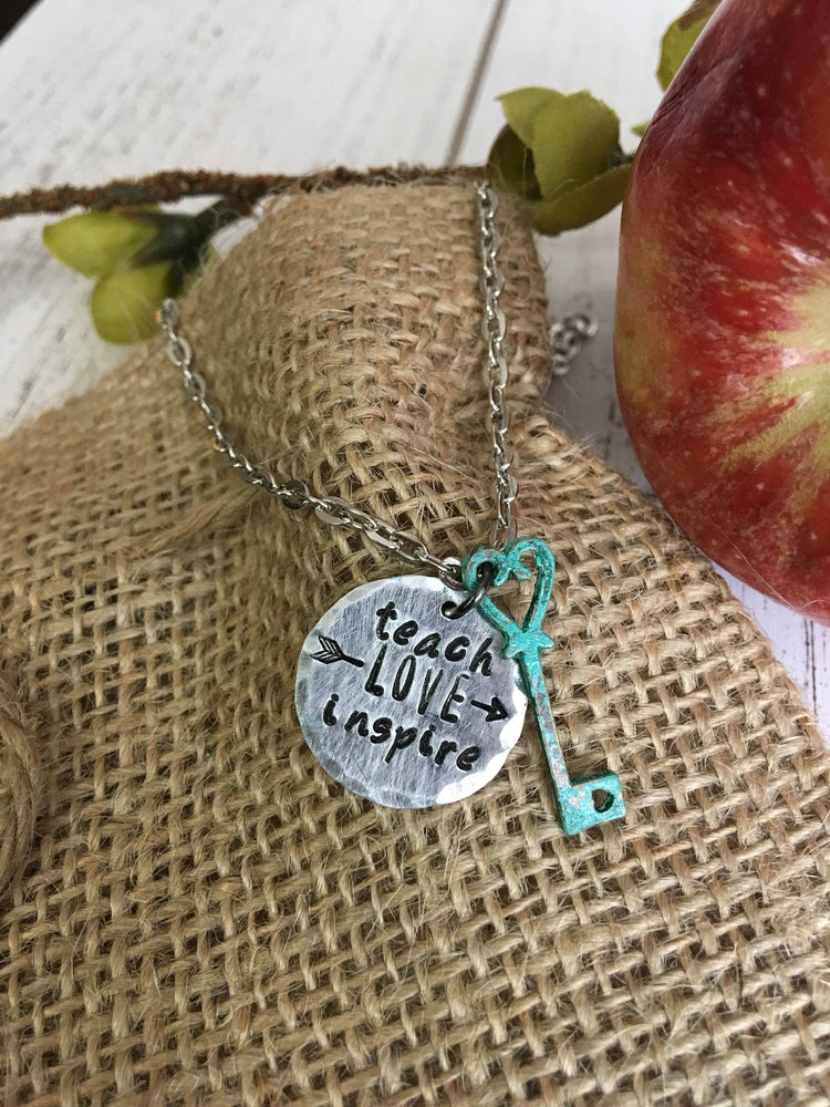 Gift for Teacher, Teach Love Inspire Silver Necklace, Arrow, Turquoise Patina Key, 24" or 30" chain Necklace Create Hope Cuffs 