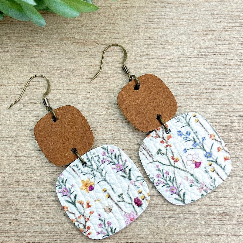 Ginger Wildflower Leather Earrings | Stacked Square | Hypoallergenic | Women Leather Earrings Create Hope Cuffs 