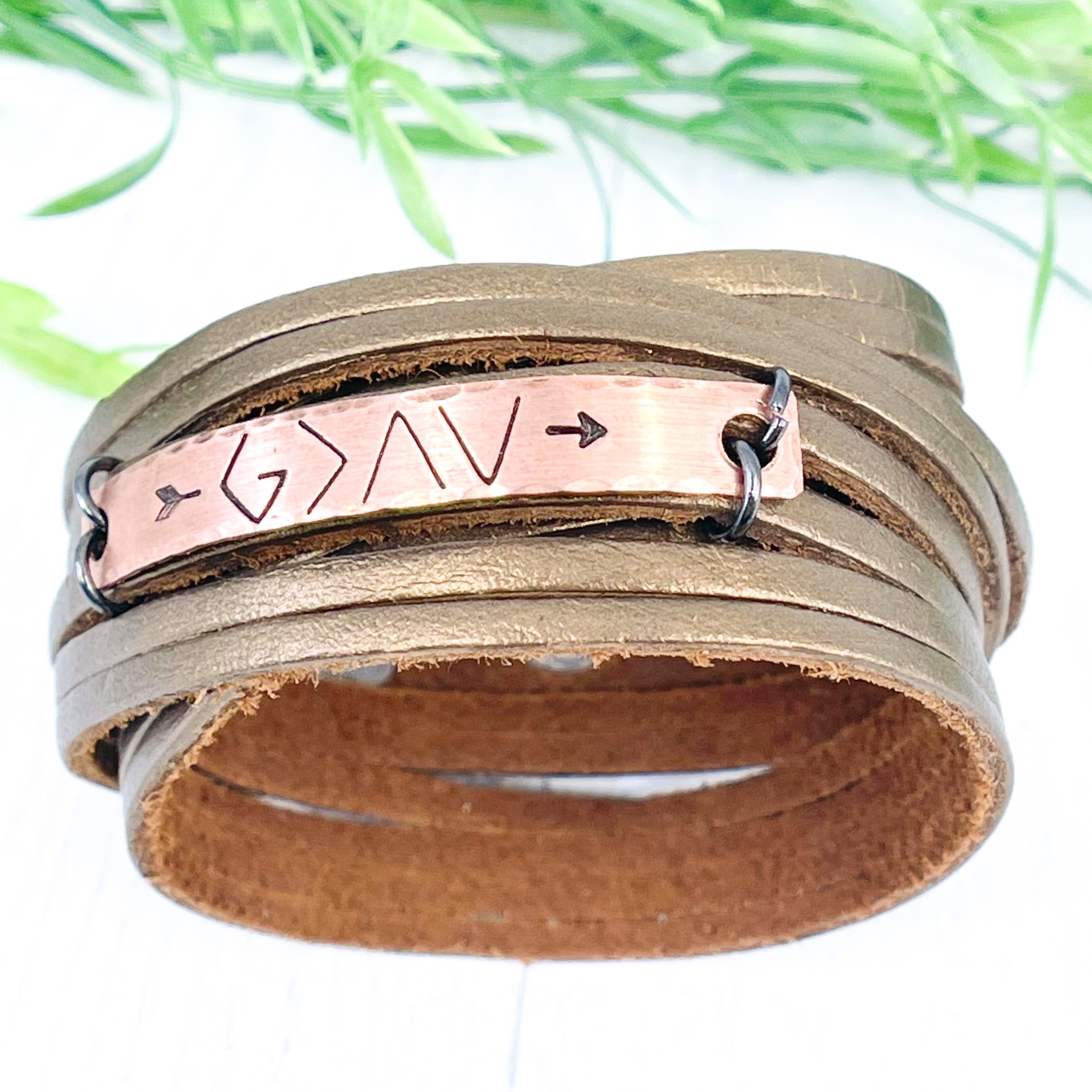 GOD IS GREATER Bronze Metallic | Copper Bar | Double Leather Double Wraps Bracelet | Adjustable Leather Wrap Create Hope Cuffs 