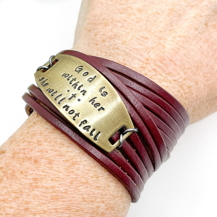 GOD IS WITHIN HER Leather Wrap & Bronze Bracelet | 12 color options | Adjustable Leather Wrap Create Hope Cuffs Deep Red 
