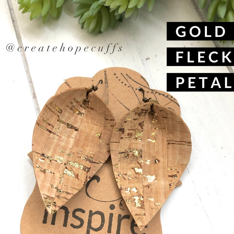 Gold Fleck CORK Earrings, Vegan, Eco-Friendly, Large Petal or Teardrop, 3” Cork Earrings Create Hope Cuffs Gold Fleck PETAL 