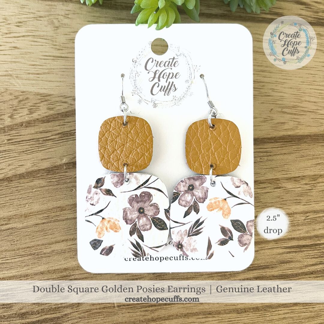 Golden Posies Leather Earrings | 2 Styles | Hypoallergenic | Women Leather Earrings Create Hope Cuffs Double Square Design 