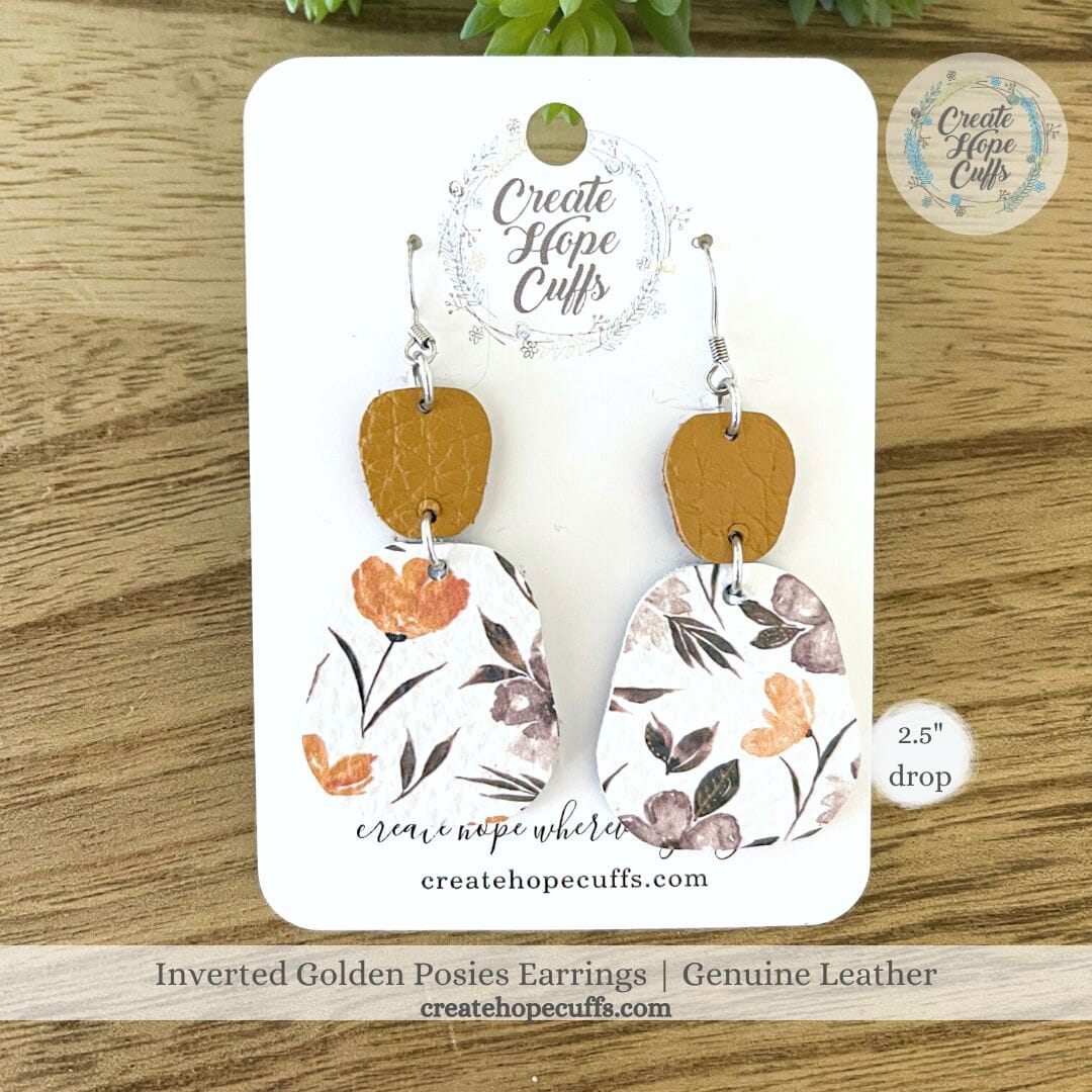 Golden Posies Leather Earrings | 2 Styles | Hypoallergenic | Women Leather Earrings Create Hope Cuffs Inverted Design 