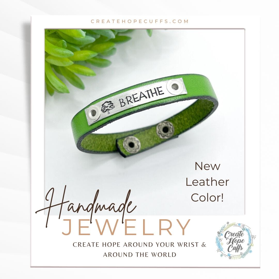 Grass Green BREATHE | Leather Skinny Bracelet | Adjustable Skinny Bracelets Create Hope Cuffs 