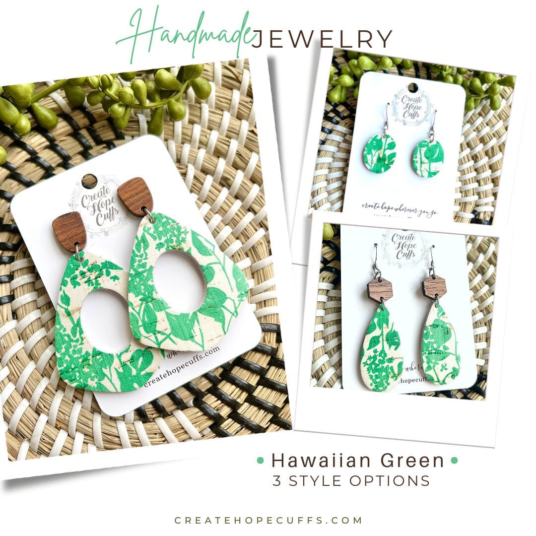 Hawaiian Green | 3 Styles | Leather Earrings | Stacked Wood Stud | Hypoallergenic | Women Leather Earrings Create Hope Cuffs 