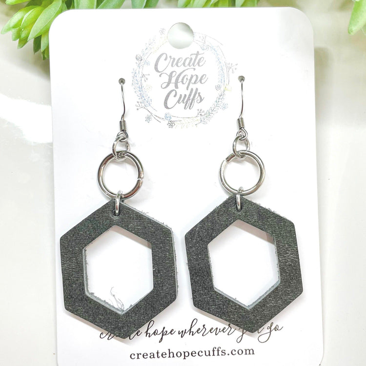 Hexagon Charcoal Grey Stack Leather Earrings | Non Tarnishing | Hypoallergenic | Women Leather Earrings Create Hope Cuffs 