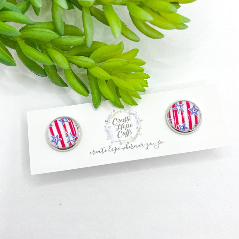 Independence Day Festive Earrings | CHOOSE YOUR STYLE | Womens Skinny Bracelets Create Hope Cuffs Studs Clear Dome Red Stripes Blue Stars - 12mm 