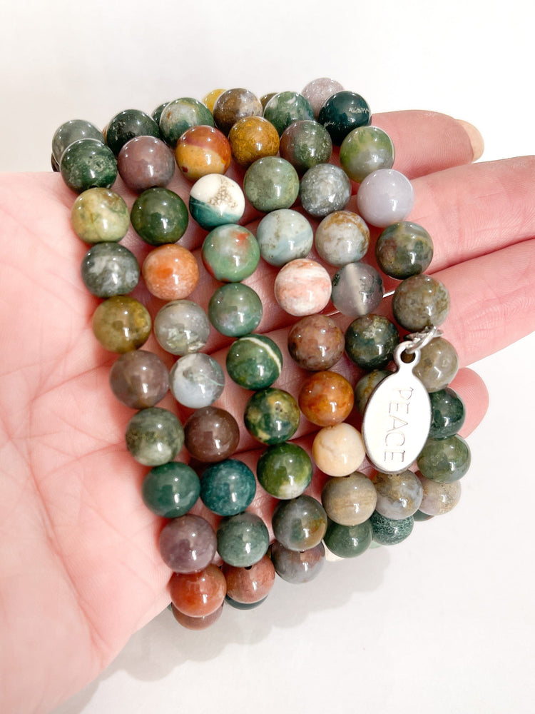 Indian Agate Stone Bead | PEACE charm Bracelet | Stretchy | Women Create Hope Cuffs 