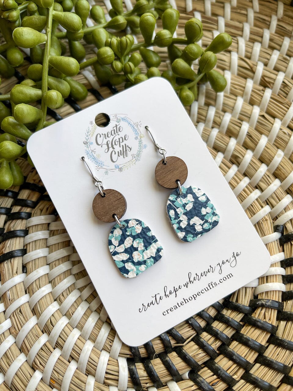 Itty BItty Floral Prints | 4 Styles | Leather Earrings | Stacked Wood Stud | Hypoallergenic | Women Leather Earrings Create Hope Cuffs Floral Navy & Teal Garden 