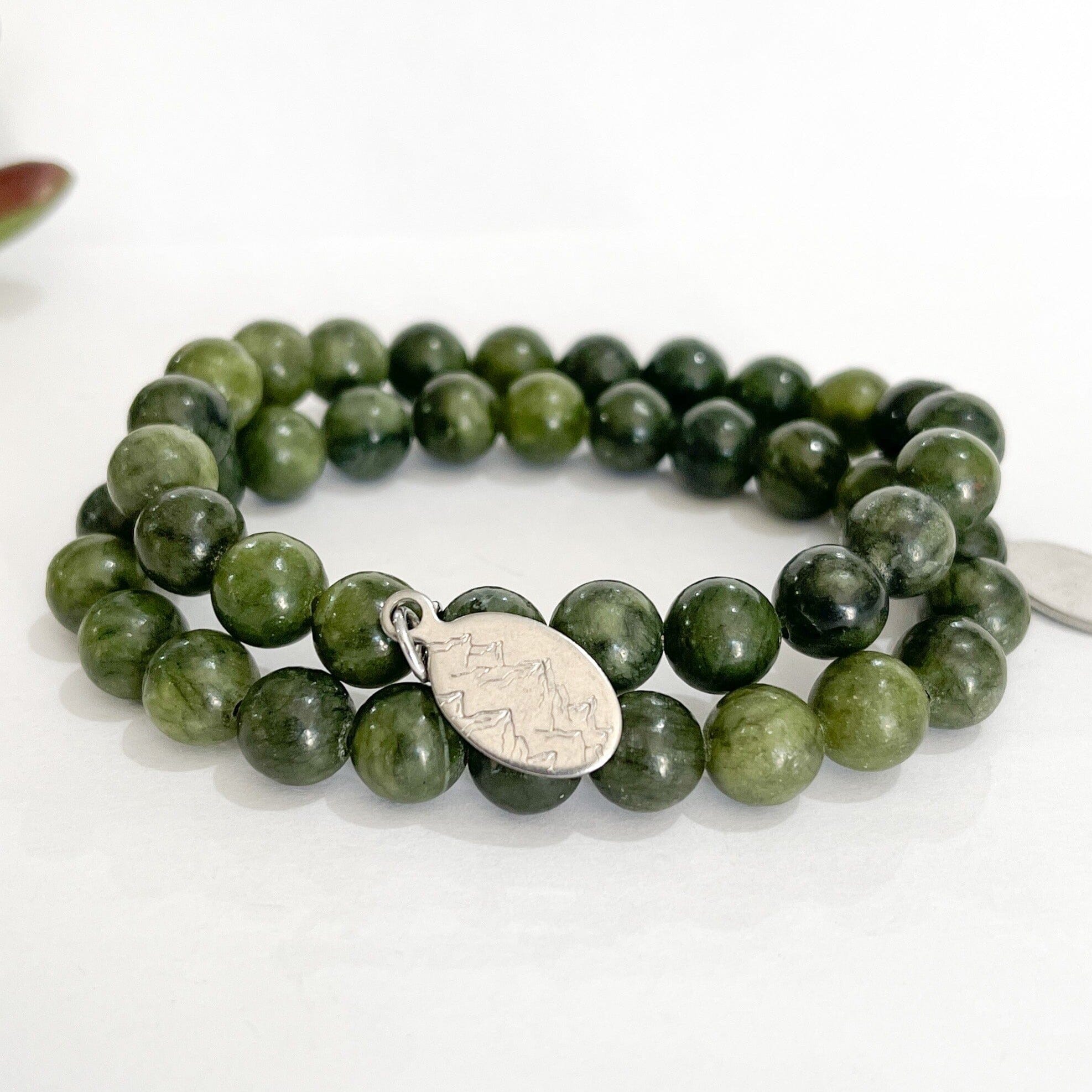 Jade Green Bead Bracelet | Mountain Charm |8mm | Natural Gemstone