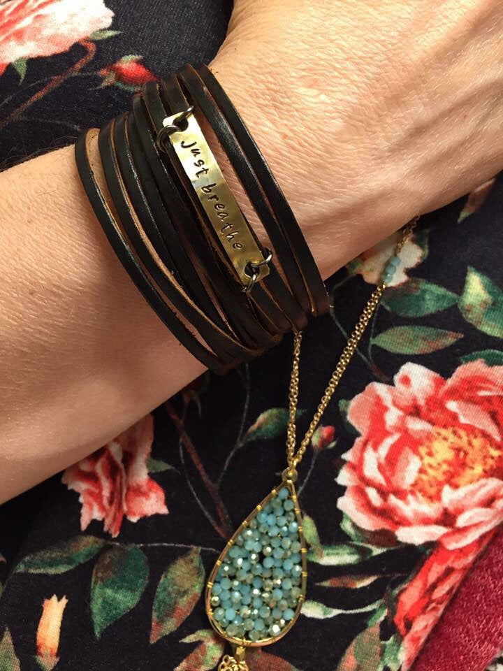 Just Breathe Brass or Silver Black Leather Wrap Bracelet, adjustable Leather Wrap Create Hope Cuffs 