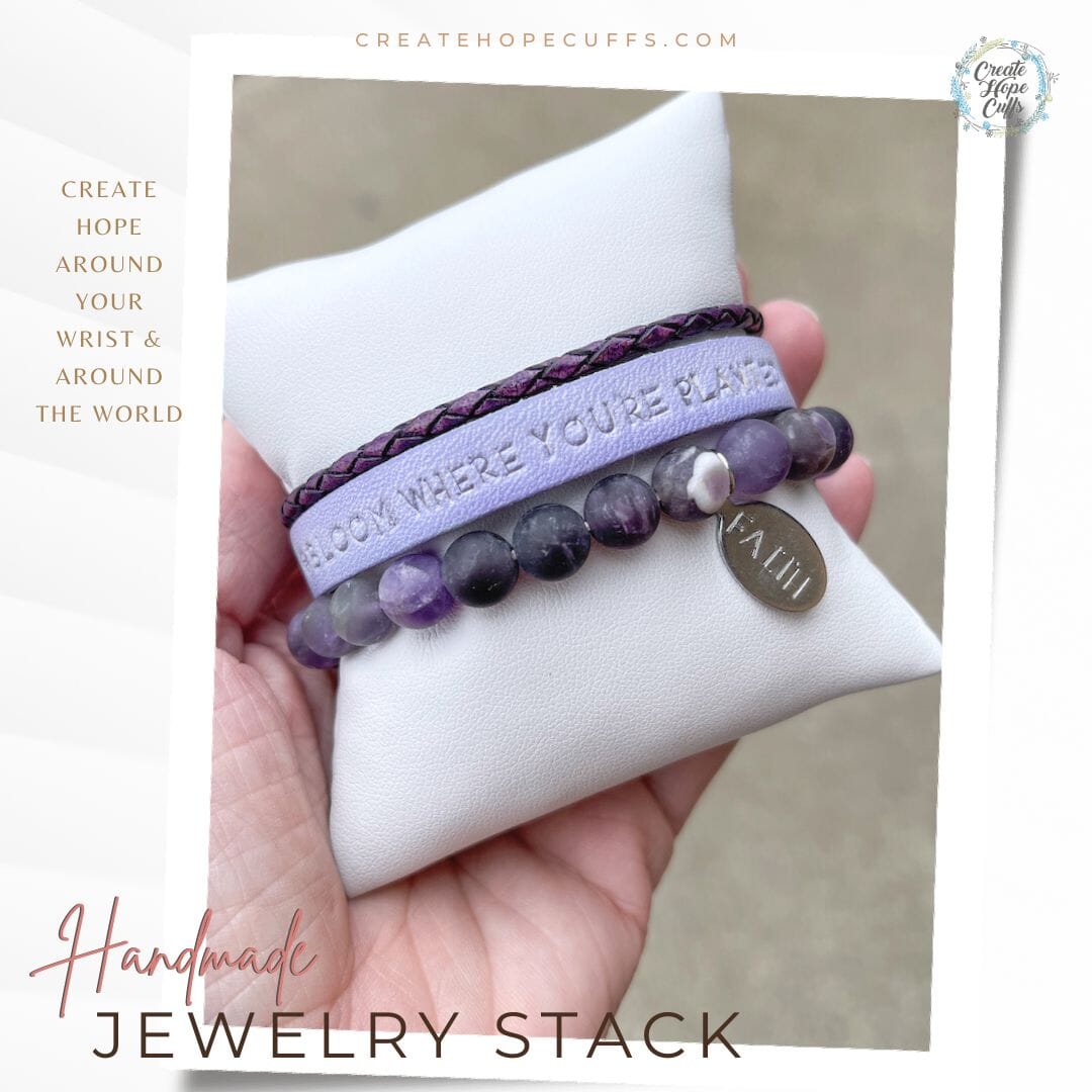 Lavender BLOOM WHERE YOU'RE PLANTED Stack | Skinny Set | Leather Bracelets | Womens Skinny Bracelets Create Hope Cuffs 