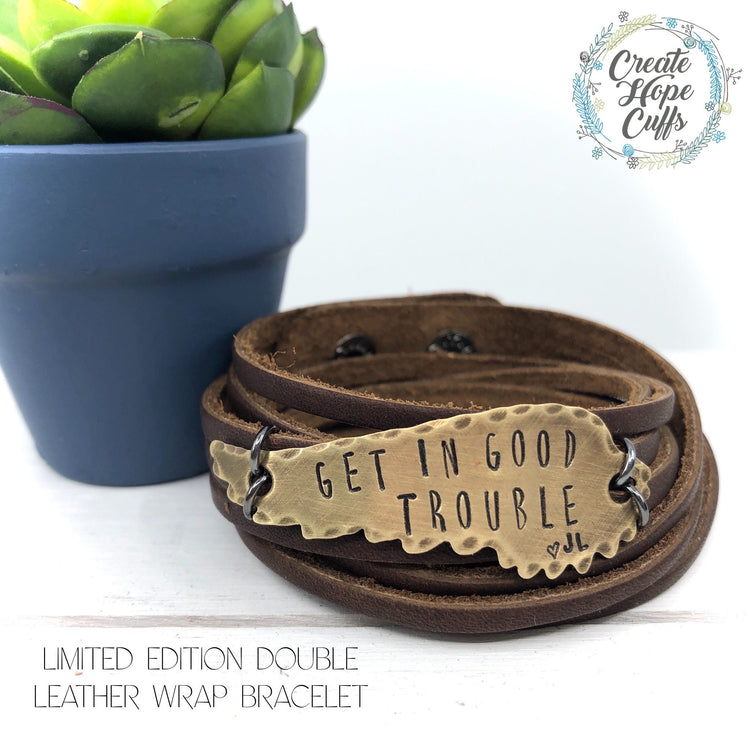 Limited Edition: John Lewis ’Get in Good Trouble’ Brown Leather & Wing Wrap Bracelet, adjustable Leather Wrap Create Hope Cuffs 