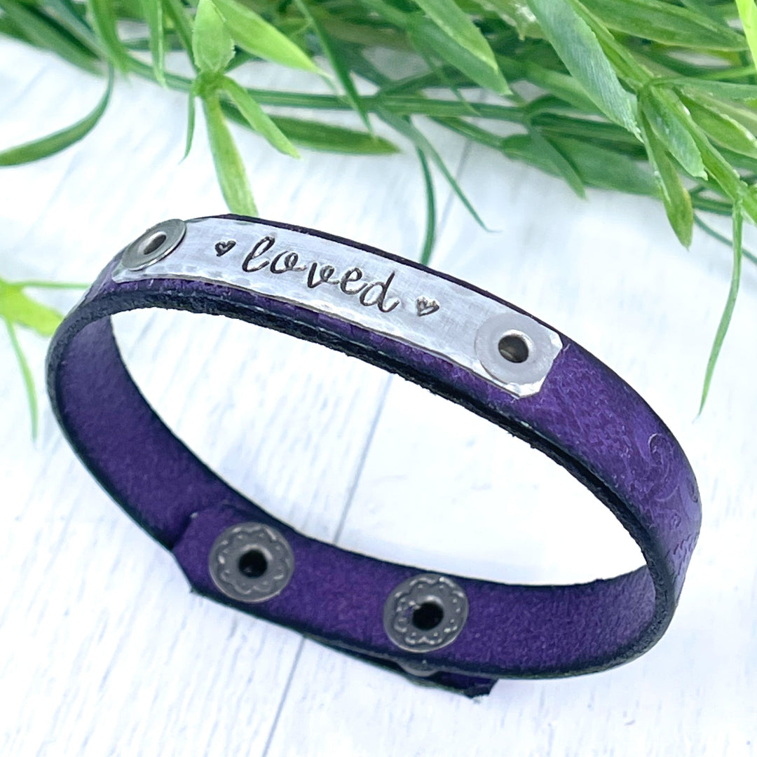 LOVED Embossed Purple Leather Skinny Bracelet, adjustable Skinny Bracelets Create Hope Cuffs 