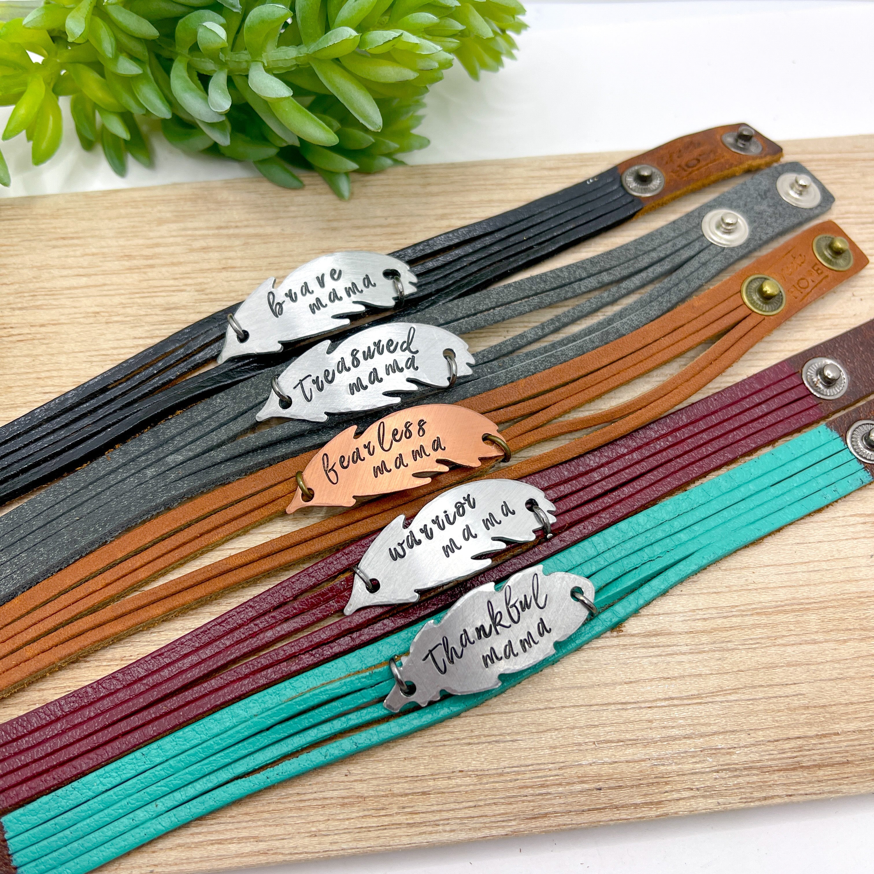 MAMA Feather | 6 PHRASES | Mini Leather Wrap Bracelet | Women Teens | Adjustable Leather Wrap Create Hope Cuffs 