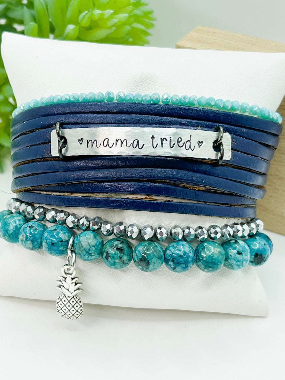 MAMA TRIED Leather Double Wrap | Silver Bar Bracelet | Adjustable Leather Wrap Create Hope Cuffs 