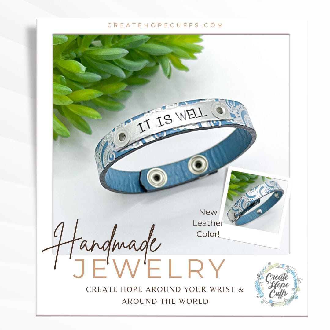 Metallic Ocean Blue IT IS WELL | Leather Skinny Bracelet | Adjustable Skinny Bracelets Create Hope Cuffs 