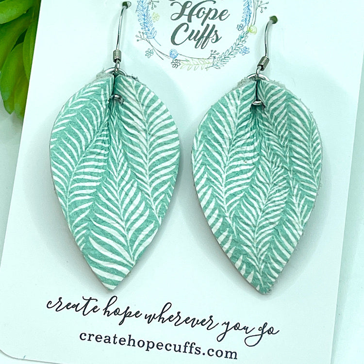 Minty Leaf Leather Earrings | 2 Sizes | Hypoallergenic Leather Earrings Create Hope Cuffs 