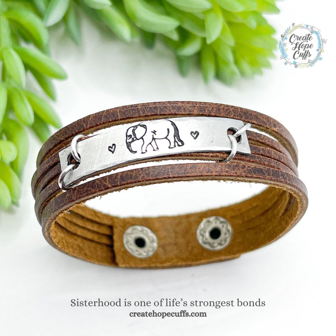 Natural Brown | Elephant Sisterhood | Mini Leather Wrap Bracelet | Women | Adjustable Leather Wrap Create Hope Cuffs 