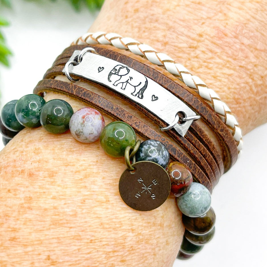 Natural Brown Elephant Sisterhood Stack | Mini Wrap Set | Leather Bracelets | Womens Skinny Bracelets Create Hope Cuffs 