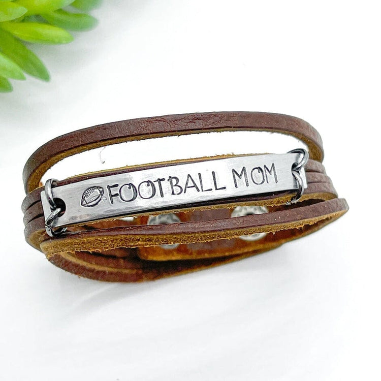 Natural Brown | FOOTBALL MOM | Mini Leather Wrap Bracelet | Women | Adjustable Leather Wrap Create Hope Cuffs 